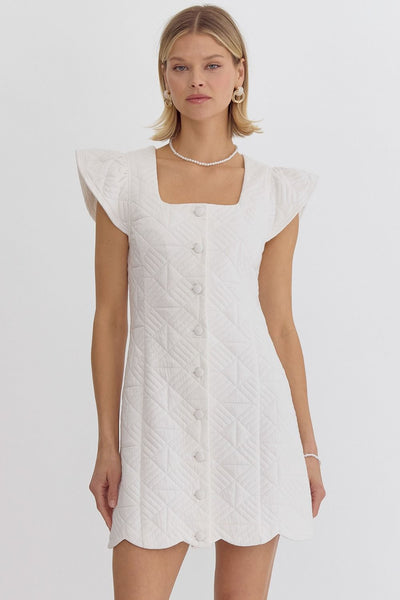Quilted Square Neck Ruffle Sleeve Mini Dress - Off White-K. Ellis Boutique