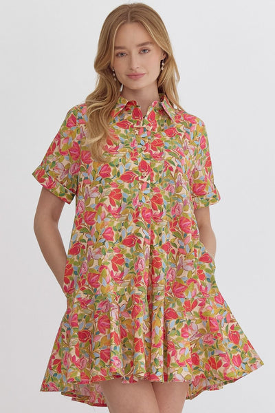 Floral Print Short Sleeve Mini Dress- Chartreuse-K. Ellis Boutique