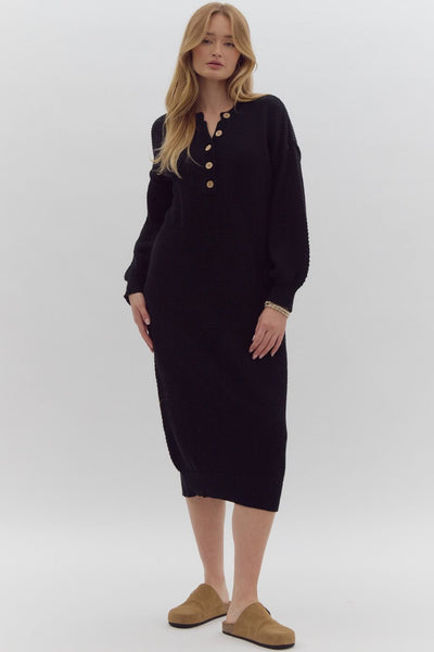 Solid Long Sleeve Knitted Midi Dress- Black-K. Ellis Boutique