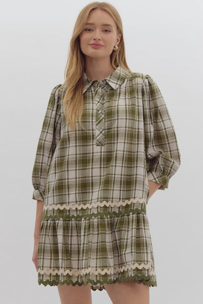 Plaid Print Collared Mini Dress- Olive-K. Ellis Boutique