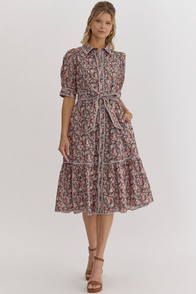 Printed Puff Sleeve Midi Dress- Brown-K. Ellis Boutique