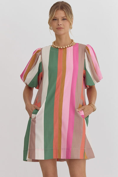 Stripe Bubble Sleeve Mini Dress- Multi-K. Ellis Boutique