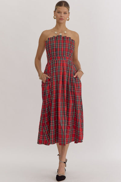 Plaid Strapless Midi Dress- Red-K. Ellis Boutique