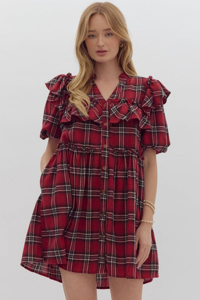 Plaid Print Puff Sleeve Mini Dress- Red-K. Ellis Boutique