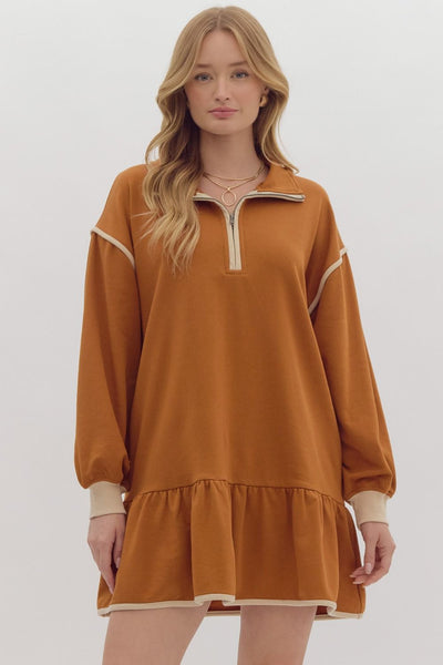 Solid Half Zip Collared Mini Dress- Caramel-K. Ellis Boutique