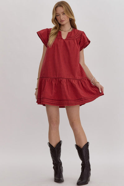 Gingham Dress with Trim-Red-K. Ellis Boutique