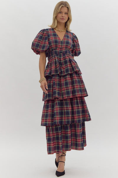 Plaid Print V-Neck Bubble Sleeve Midi Dress - Navy-K. Ellis Boutique