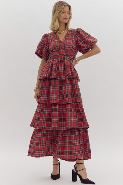 Plaid Print Bubble Sleeve Tiered Midi Dress- Red-K. Ellis Boutique