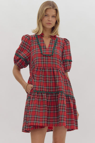 Plaid Print V-Neck Mini Dress- Red-K. Ellis Boutique