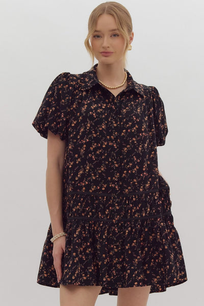 Floral Print Puff Sleeve Mini Dress - Black-K. Ellis Boutique