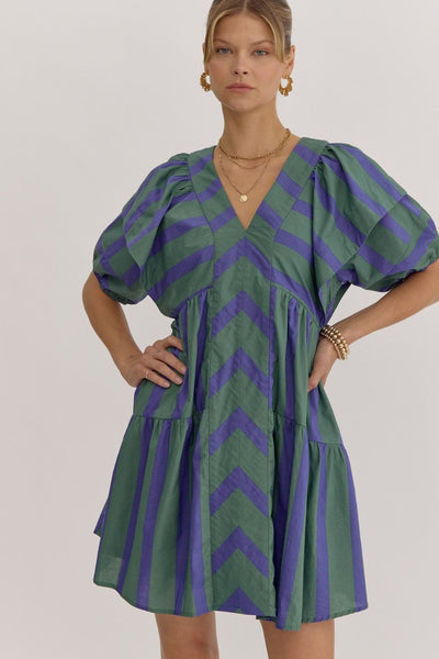 Mixed Line V-Neck Mini Dress - Green-K. Ellis Boutique