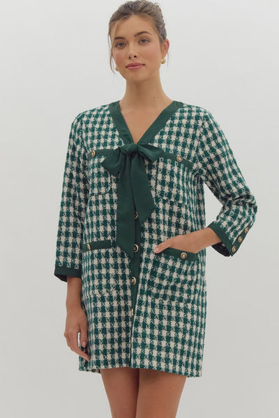 Tweed Button Up Mini Dress- Hunter Green-K. Ellis Boutique