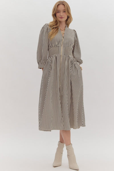 Stripe Print Zip Up Midi Dress- Black-K. Ellis Boutique