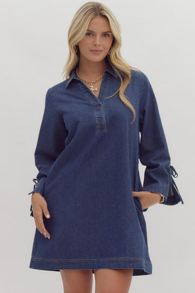 Long Sleeve Denim Dress with Bows- Dark Denim-K. Ellis Boutique