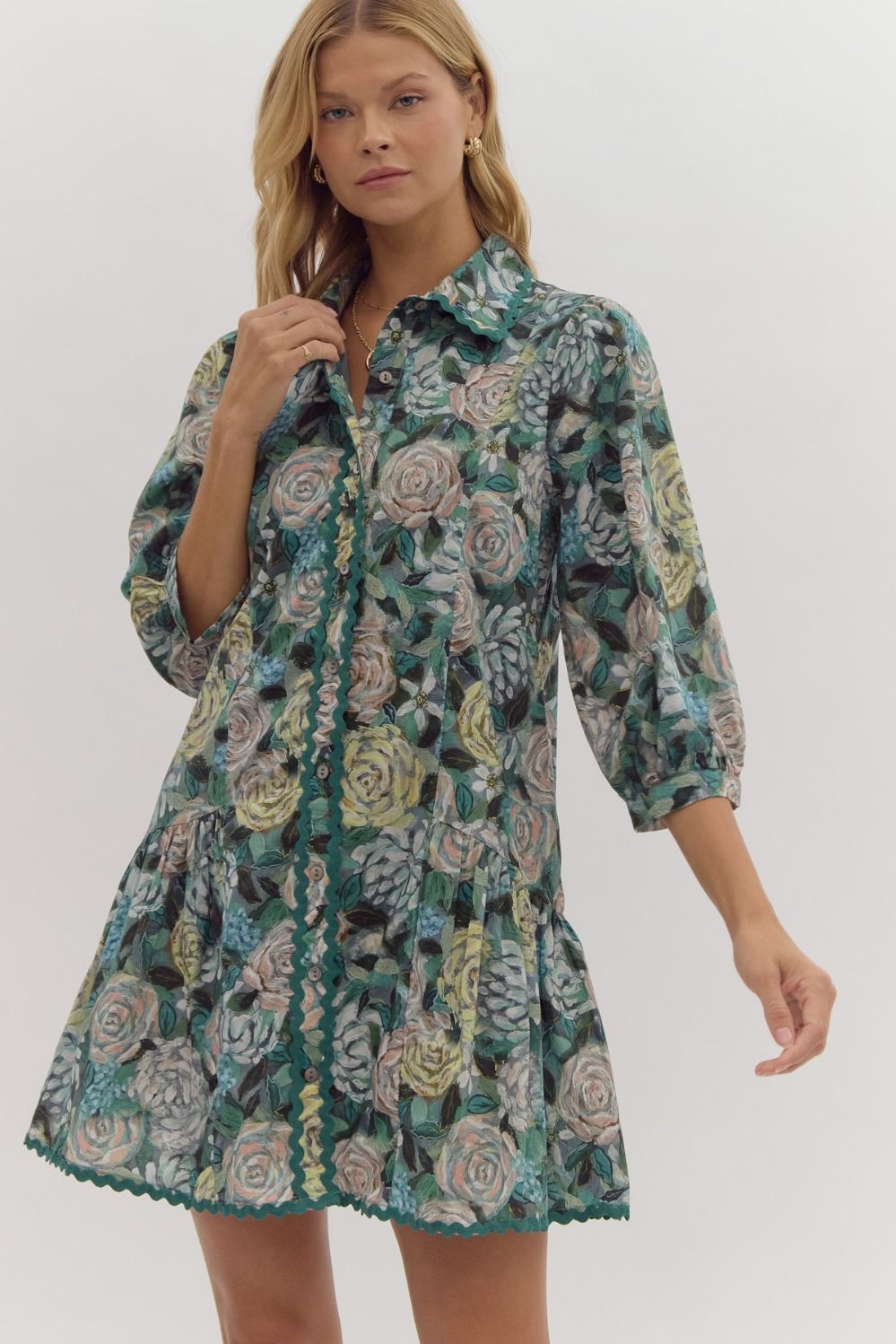 Floral Print Dress Button Down-Teal Green-K. Ellis Boutique