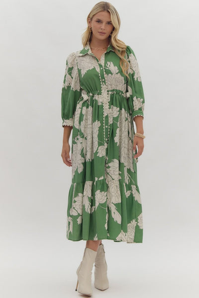 Floral Print Button Up Midi Dress- Green-K. Ellis Boutique