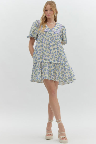 Floral Print Bubble Sleeve Mini Dress- Periwinkle-K. Ellis Boutique