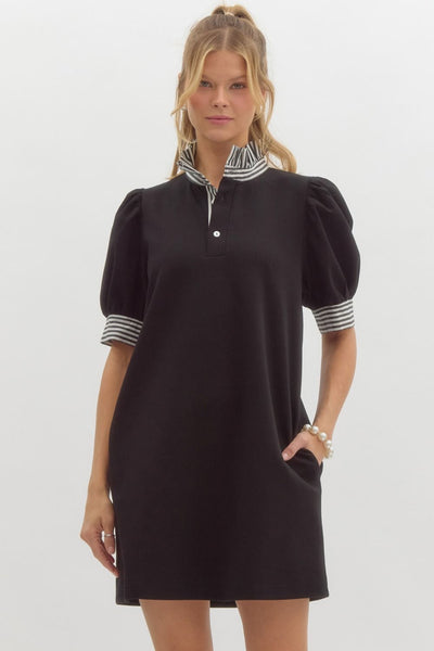 Solid Polo Short Sleeve Mini Dress- Black-K. Ellis Boutique