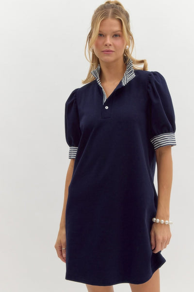 Solid Polo Short Sleeve Mini Dress- Navy-K. Ellis Boutique