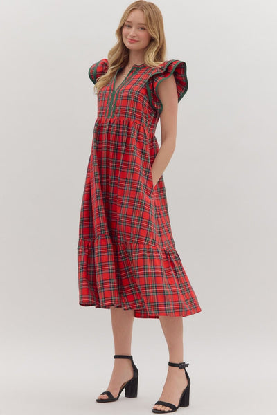 Plaid Flutter Sleeve Midi- Red-K. Ellis Boutique