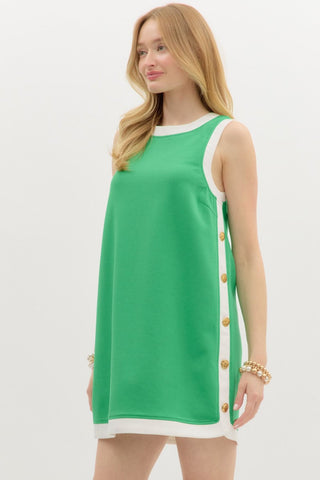 Sleeveless Mini Dress w/ Gold Side Buttons- Green-K. Ellis Boutique