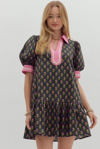 Carly Floral Bubble Sleeve Mini Dress- Black-K. Ellis Boutique