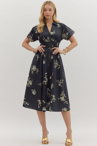 Paisley Zip Front Midi- Black-K. Ellis Boutique