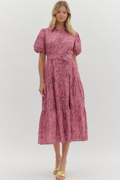 Floral Print Bubble Sleeve Button Down Dress-Rosy Brown-K. Ellis Boutique