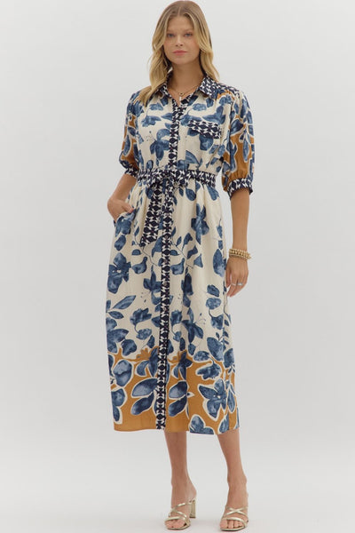Botanical Belted Midi Dress- Slate Blue-K. Ellis Boutique