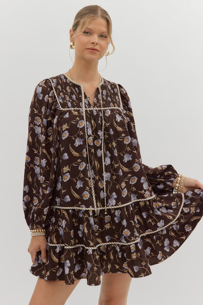 Floral Smocked Babydoll Mini- Brown-K. Ellis Boutique
