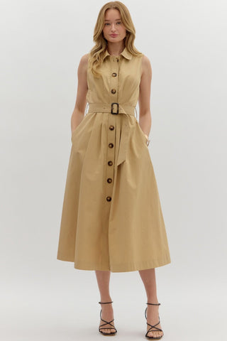 Kassie Sleeveless Button Down Midi- Taupe-K. Ellis Boutique