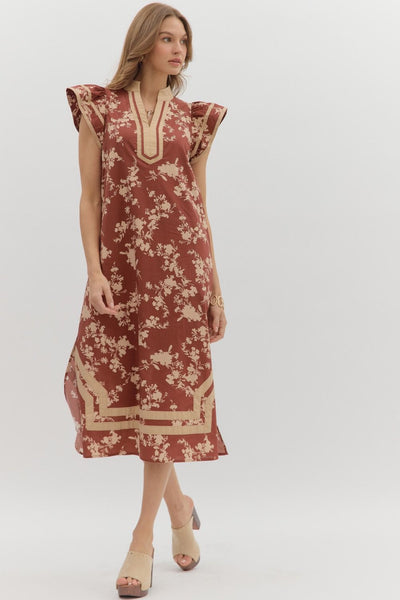 Floral Flutter Sleeve Midi- Brick & Tan-K. Ellis Boutique