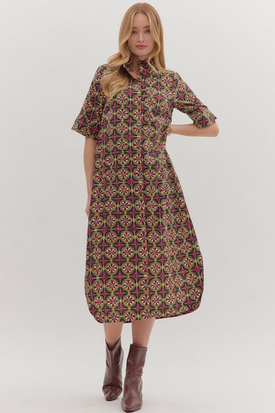Stacy Geometric Print Short Sleeve Midi Dress- Wine-K. Ellis Boutique