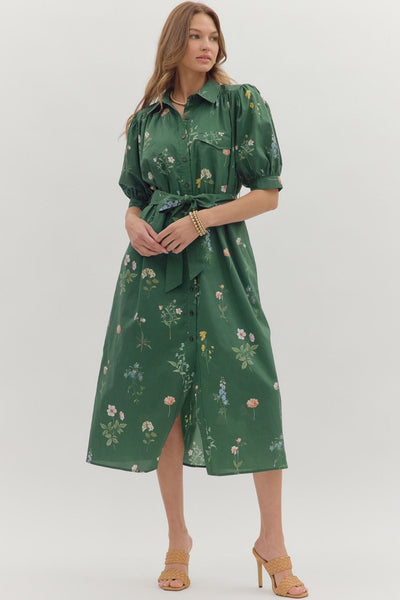 Floral Collared Midi Dress- Hunter Green-K. Ellis Boutique