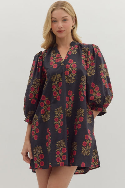 Carter Floral Vneck Mini- Black-K. Ellis Boutique