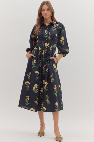 Pleated Waist Floral Midi- Black-K. Ellis Boutique