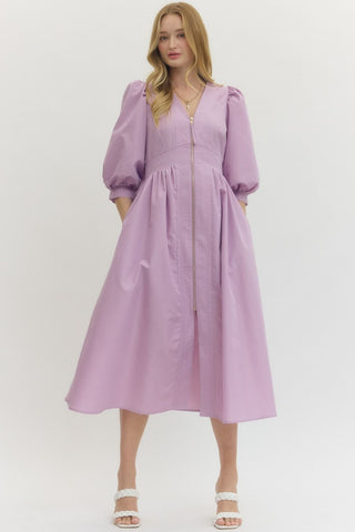 Anne ¾ Sleeve Zip Front Midi- Lavender-Midi/Maxi Dress-K. Ellis Boutique