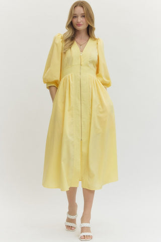 Anne ¾ Sleeve Zip Front Midi- Yellow-Midi/Maxi Dress-K. Ellis Boutique