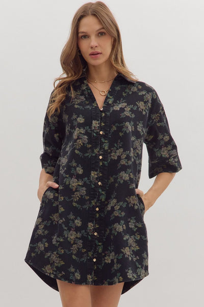 Floral Print Cotton Dress- Black Floral-K. Ellis Boutique