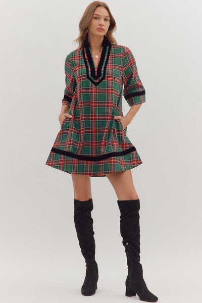 Plaid Velvet Trim Mini- Green-K. Ellis Boutique