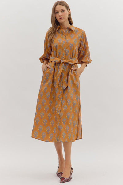 Emily Block Print Midi Dress- Brown Print-K. Ellis Boutique