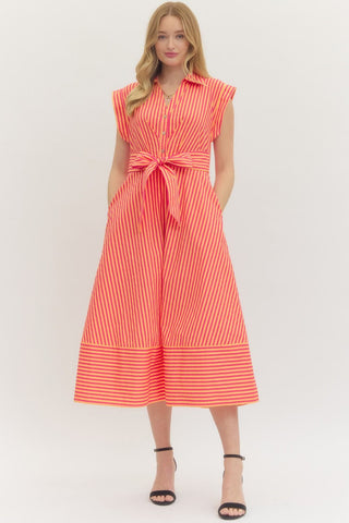 Elizabeth Stripe Midi Dress- Hot Pink & Orange-K. Ellis Boutique