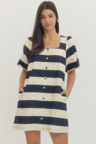 The Naomi Square Neck Stripe Mini Dress- Navy & White-K. Ellis Boutique