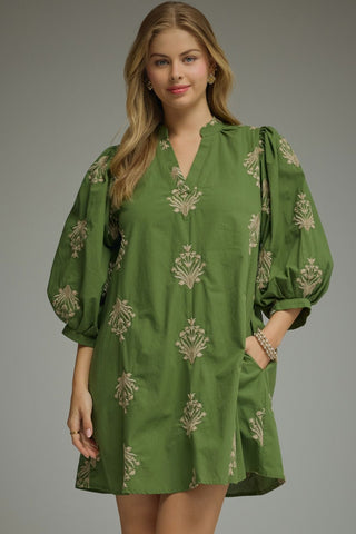 Olive Embroidered Puff Sleeve Mini Dress-Mini Dress-K. Ellis Boutique