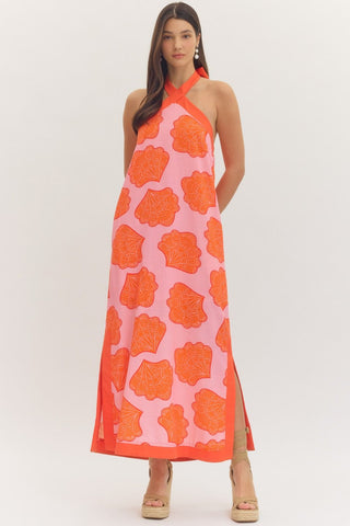 Beach Vibes Shell Print Halter Dress-Pink & Orange-Midi-K. Ellis Boutique