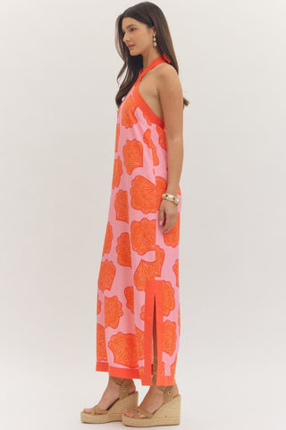 Beach Vibes Shell Print Halter Dress-Pink & Orange-Midi-K. Ellis Boutique
