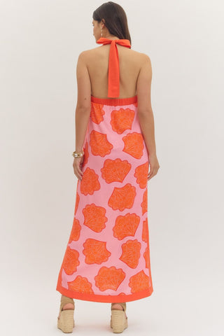 Beach Vibes Shell Print Halter Dress-Pink & Orange-Midi-K. Ellis Boutique