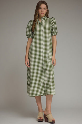 Olive Gingham Puff Sleeve Midi Dress-Midi/Maxi Dress-K. Ellis Boutique