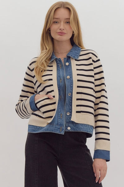 Striped Knit Sweater Cardigan- Cream/Denim-K. Ellis Boutique