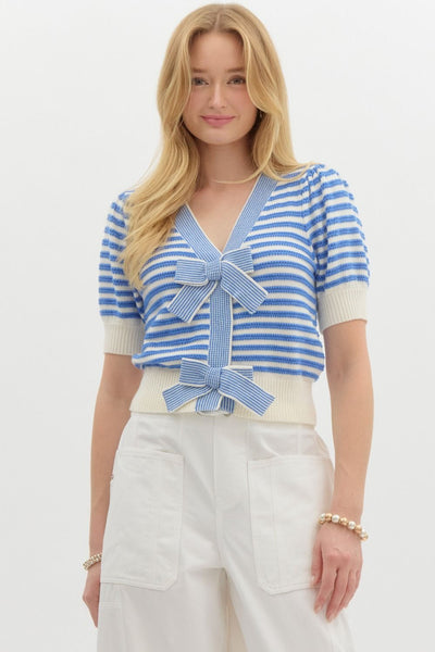 Striped Short Puff Sleeve Cardigan- Blue-K. Ellis Boutique